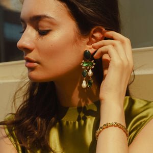 Green Crystal and Pearl Drop Earrings Styled on Model