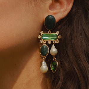 Green Crystal and Pearl Drop Earrings Styled on Model