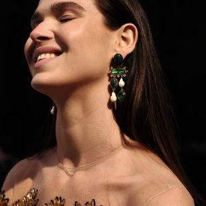 Green Crystal and Pearl Drop Earrings Styled on Model