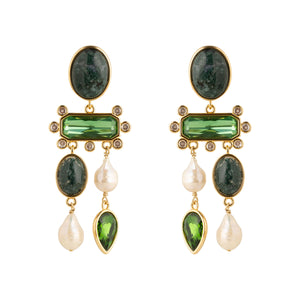 Green Stone, Crystal, and Freshwater Pearl Chandelier Drop Earrings on Flat White Background