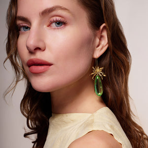 Green Crystal and Gold Flower Drop Earrings Styled on Model