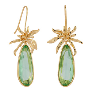 Green Crystal and Gold Flower Drop Earrings on Flat White Background