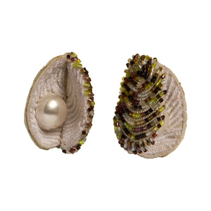 Beaded and Embroidered Oyster Shell Earrings on Flat White Background