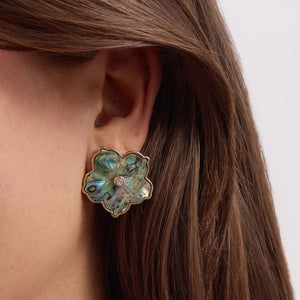 Green Flower Stud Earrings Styled on Model's Ear