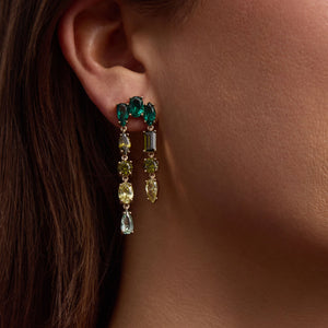 Emerald Green, Olive Green, and Light Green Crystal Dangle Earrings Styled on Model's Ear