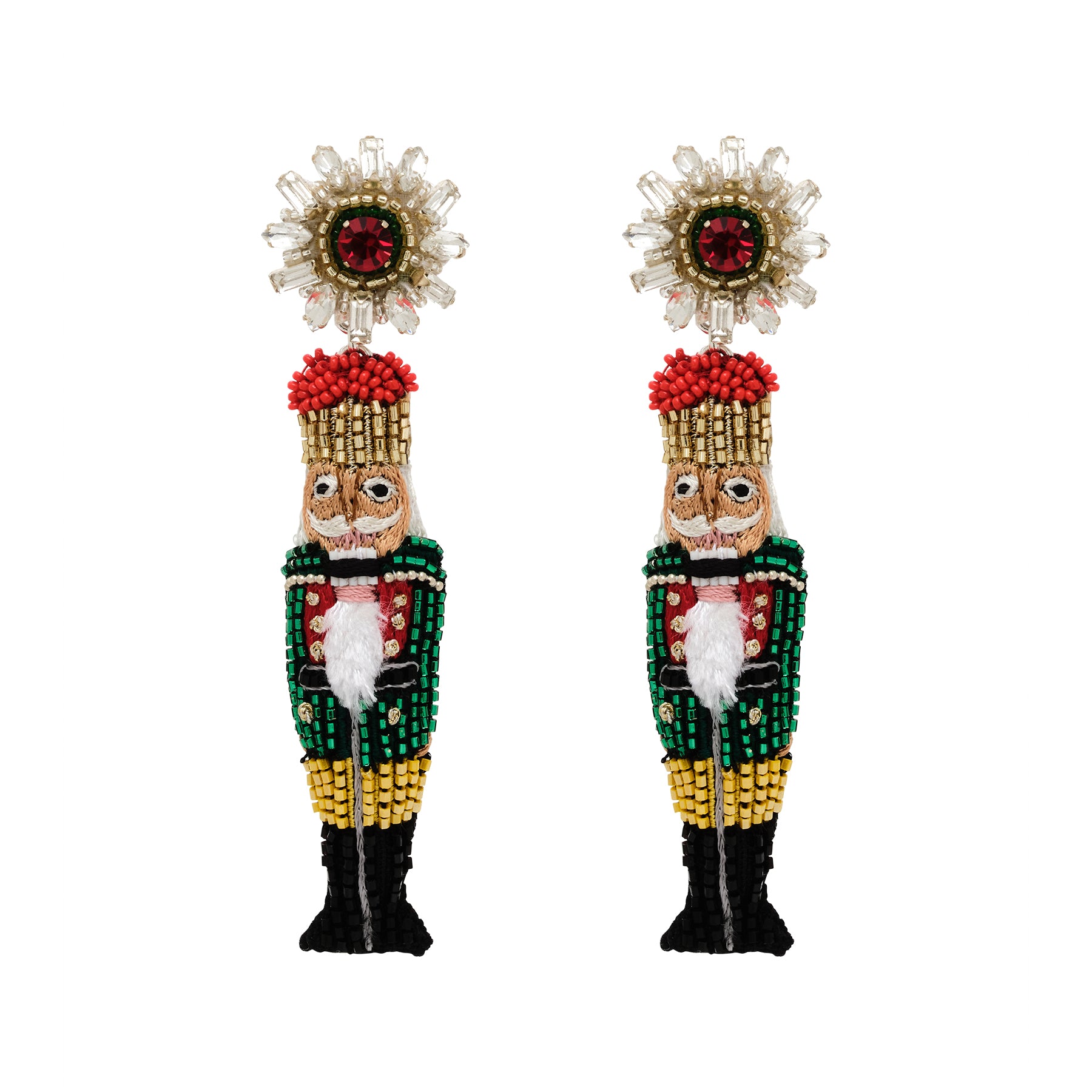 Green, Red, and Gold Beaded Nutcracker Drop Earrings on Flat White Background