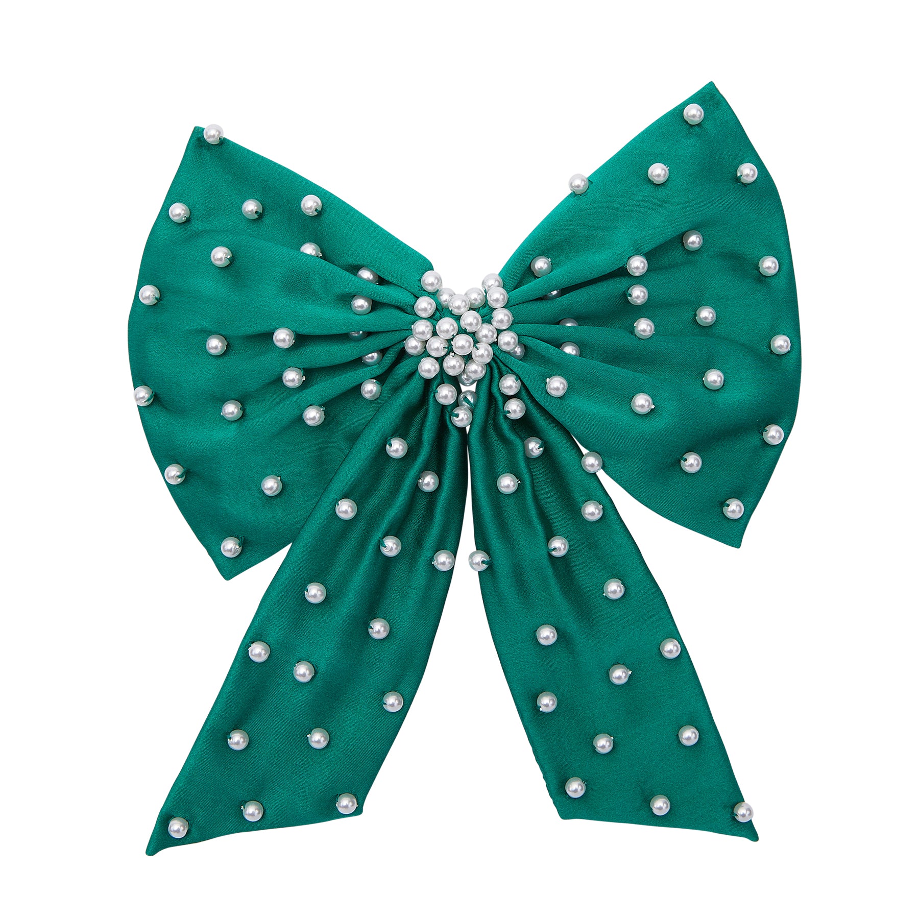 Green Silk Hair Bow with Pearl Embroidery on Flat White Background