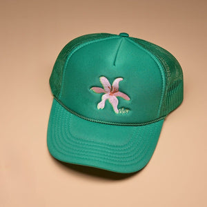 Kelly Green Hat with Pink Flower Embroidery on Tan Background