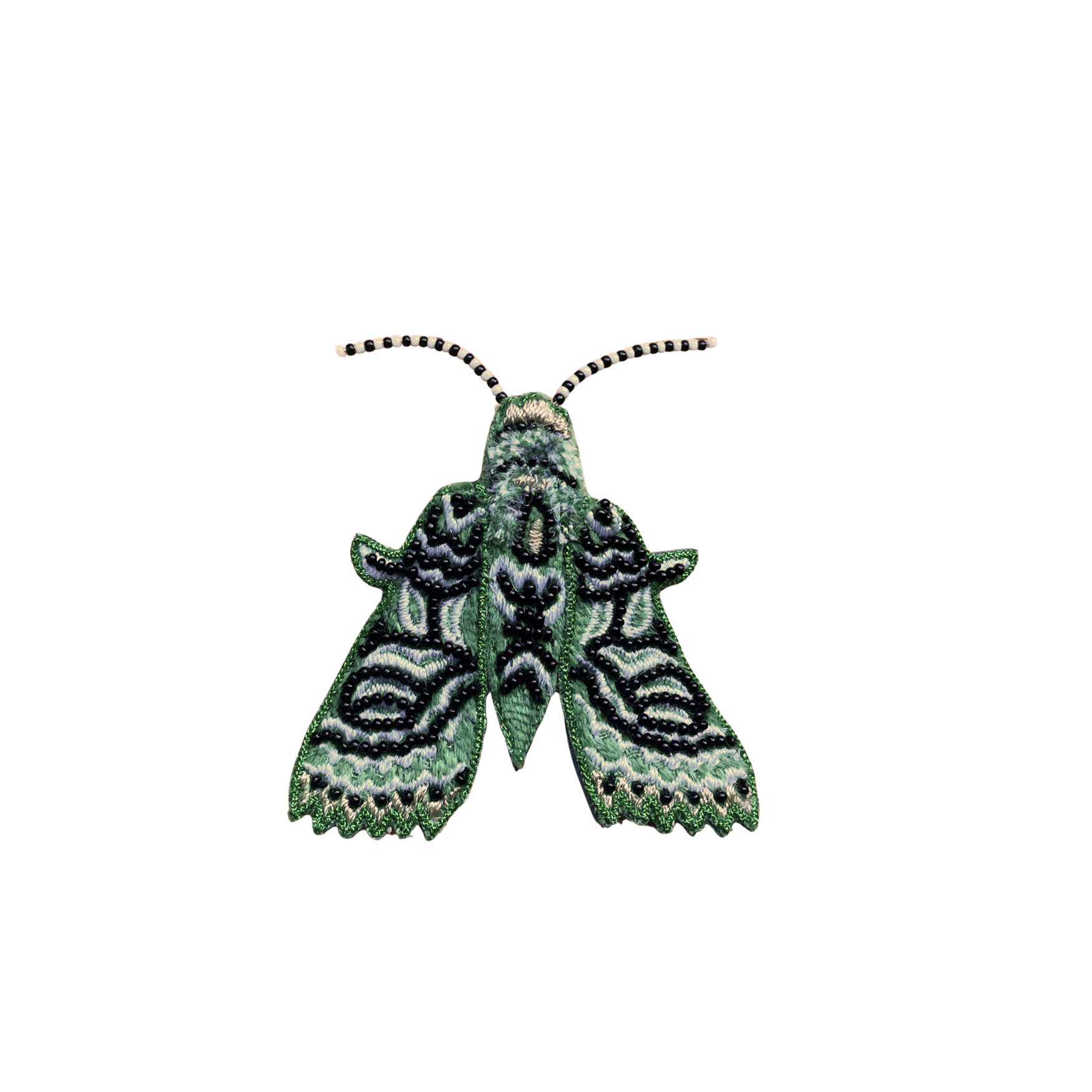 Black and Green Beaded Moth Brooch on Flat White Background