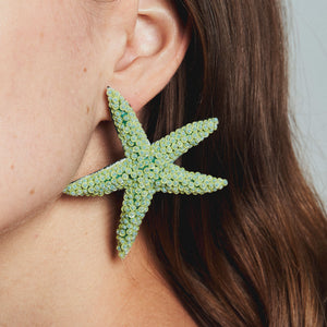 Green and Blue Beaded Starfish Stud Earrings Styled on Model