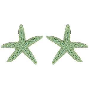 Green and Blue Beaded Starfish Stud Earrings on Flat White Background