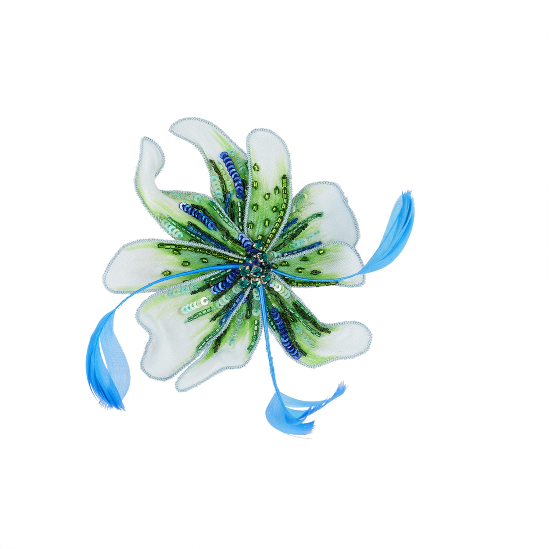 Green and Blue Embroidered and Beaded Jewel Flower Hat Pin Kentucky Derby