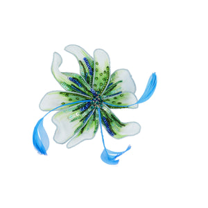 Green and Blue Embroidered and Beaded Jewel Flower Hat Pin Kentucky Derby