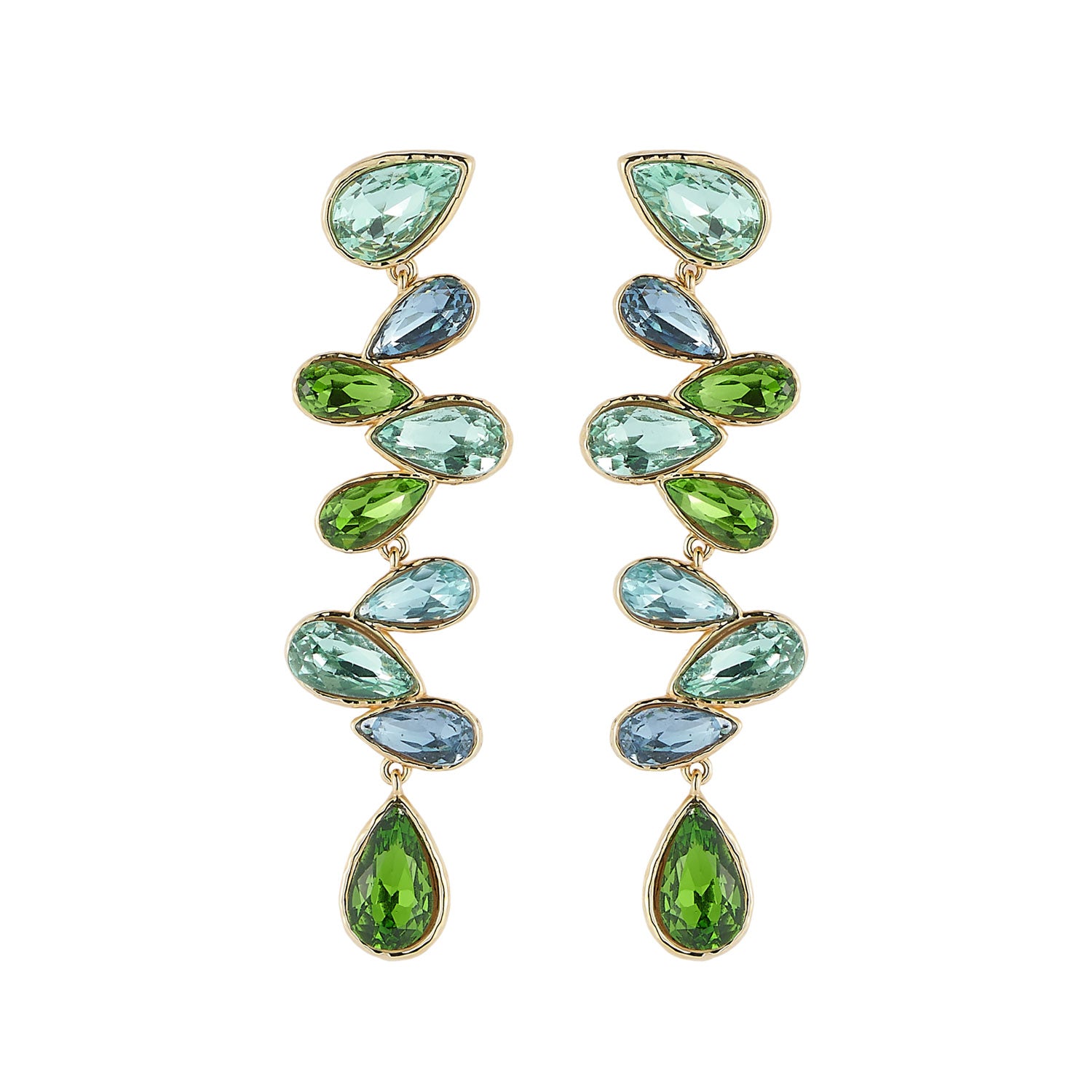 Green and Blue Crystal Statement Earrings on Flat White Background