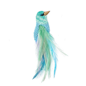 Blue and Green Beaded and Feather Bird Brooch on Flat White Background