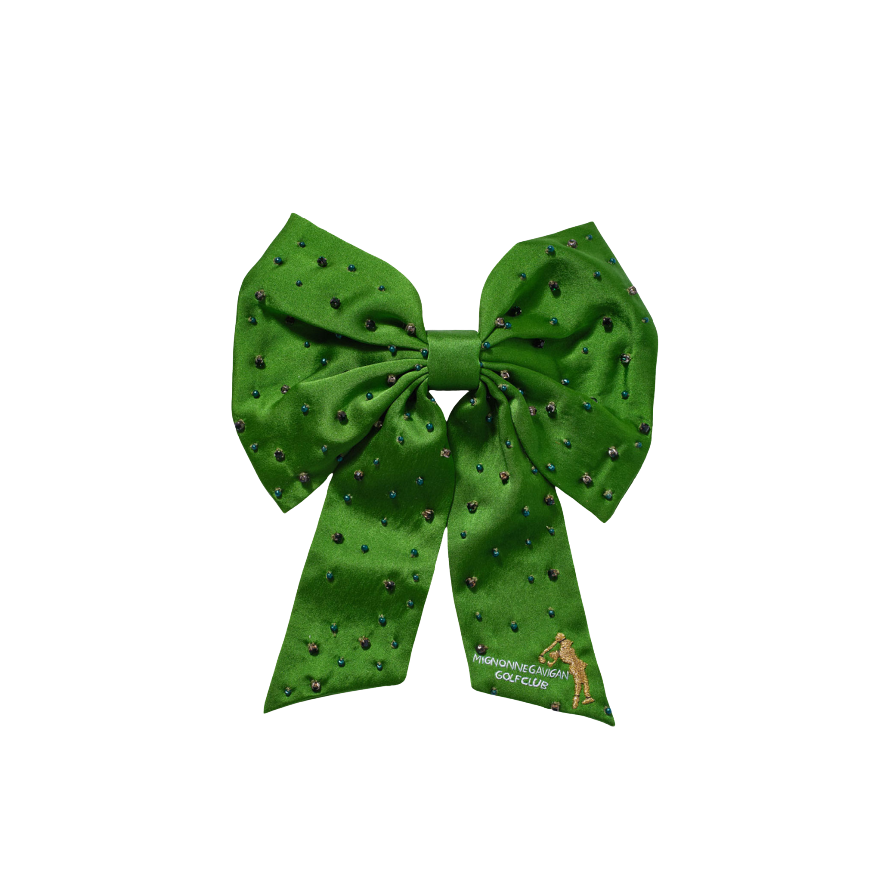 Green Crystal Embroidered Hair Bow on Flat White Background