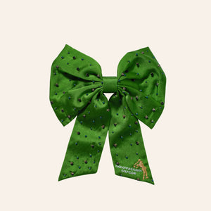 Green Crystal Embroidered Hair Bow on Tan Background
