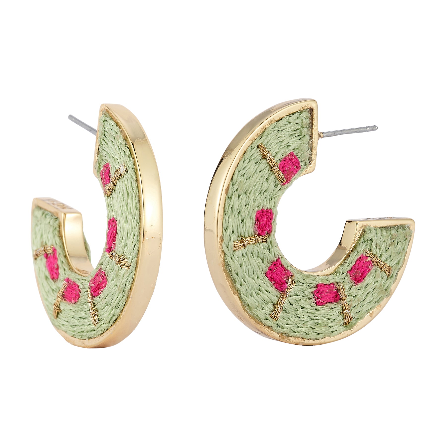 Pink and Green Embroidered Hoop Earrings on Flat White Background