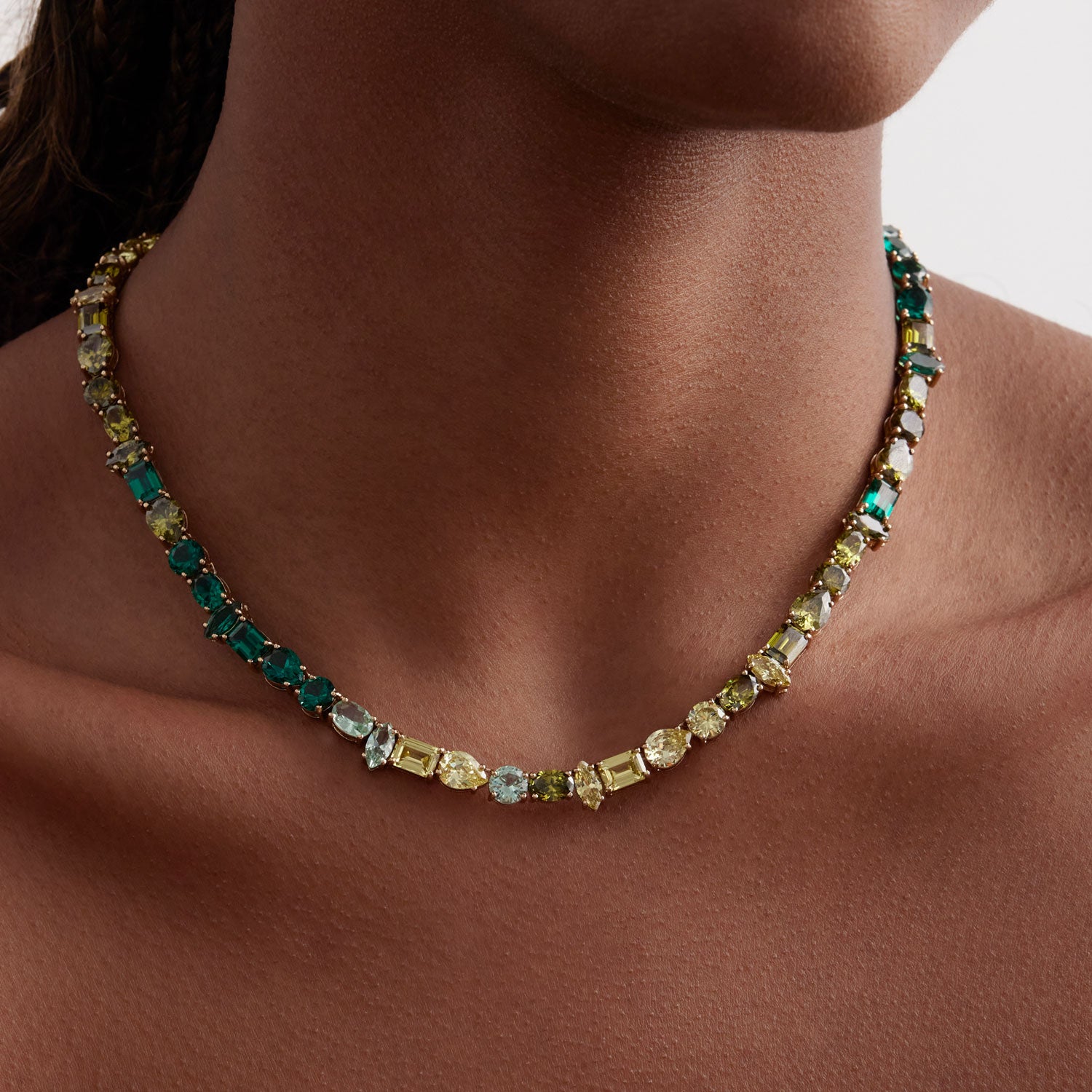 Green Multi Crystal Tennis Necklace Styled on Model