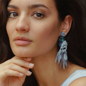 Silver Feather and Bead Pigeon Statement Earrings Styled on Model 