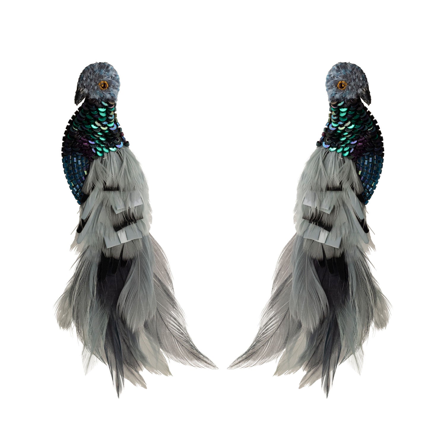 Silver Feather and Bead Pigeon Statement Earrings on Flat White Background