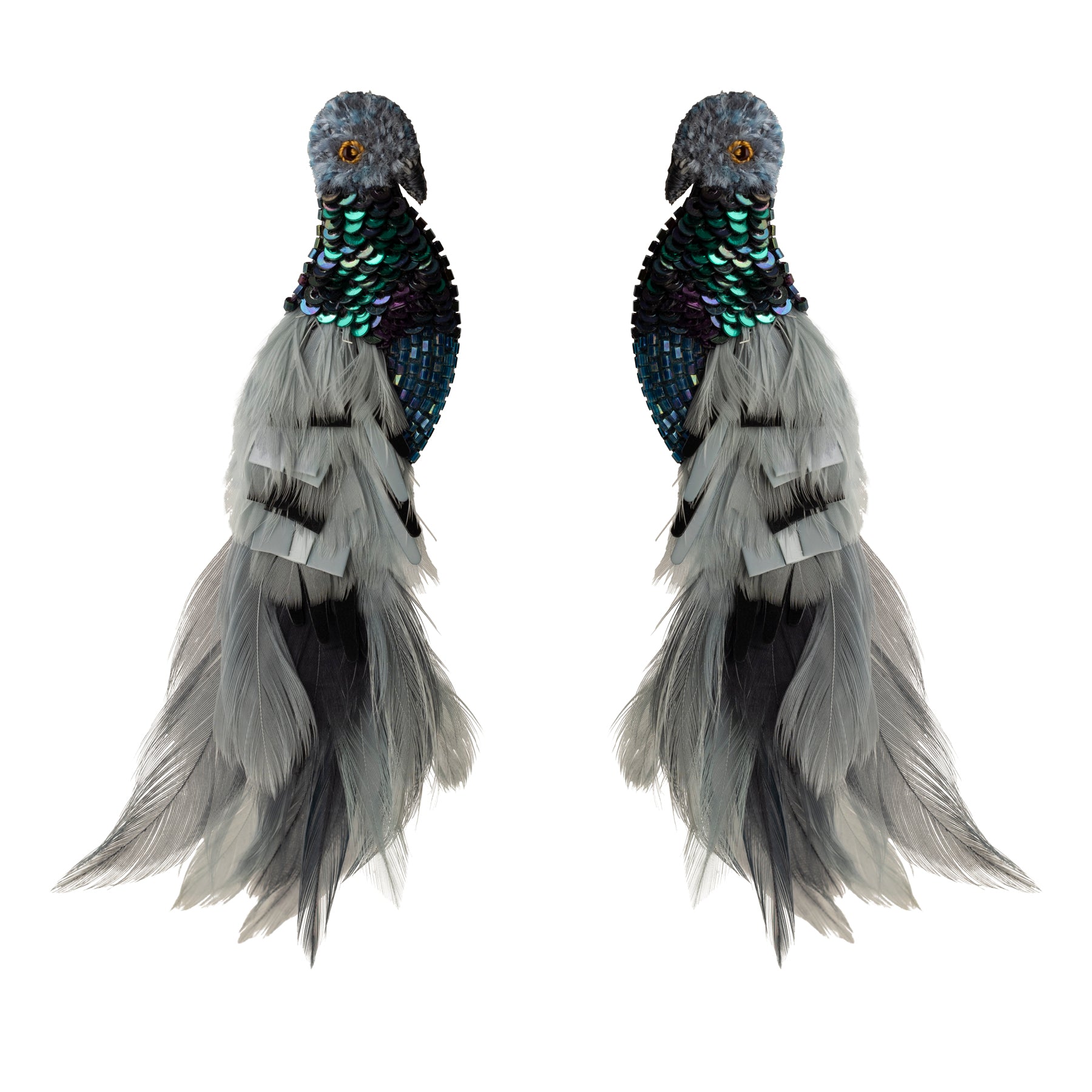 Silver Feather and Bead Pigeon Statement Earrings on Flat White Background