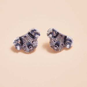 Grey, Black, and White Beaded Koala Stud Face Earrings on Tan Background