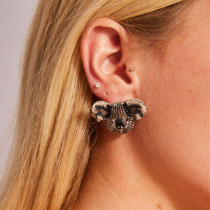 Grey, Black, and White Beaded Koala Stud Face Earrings On Model's Ear