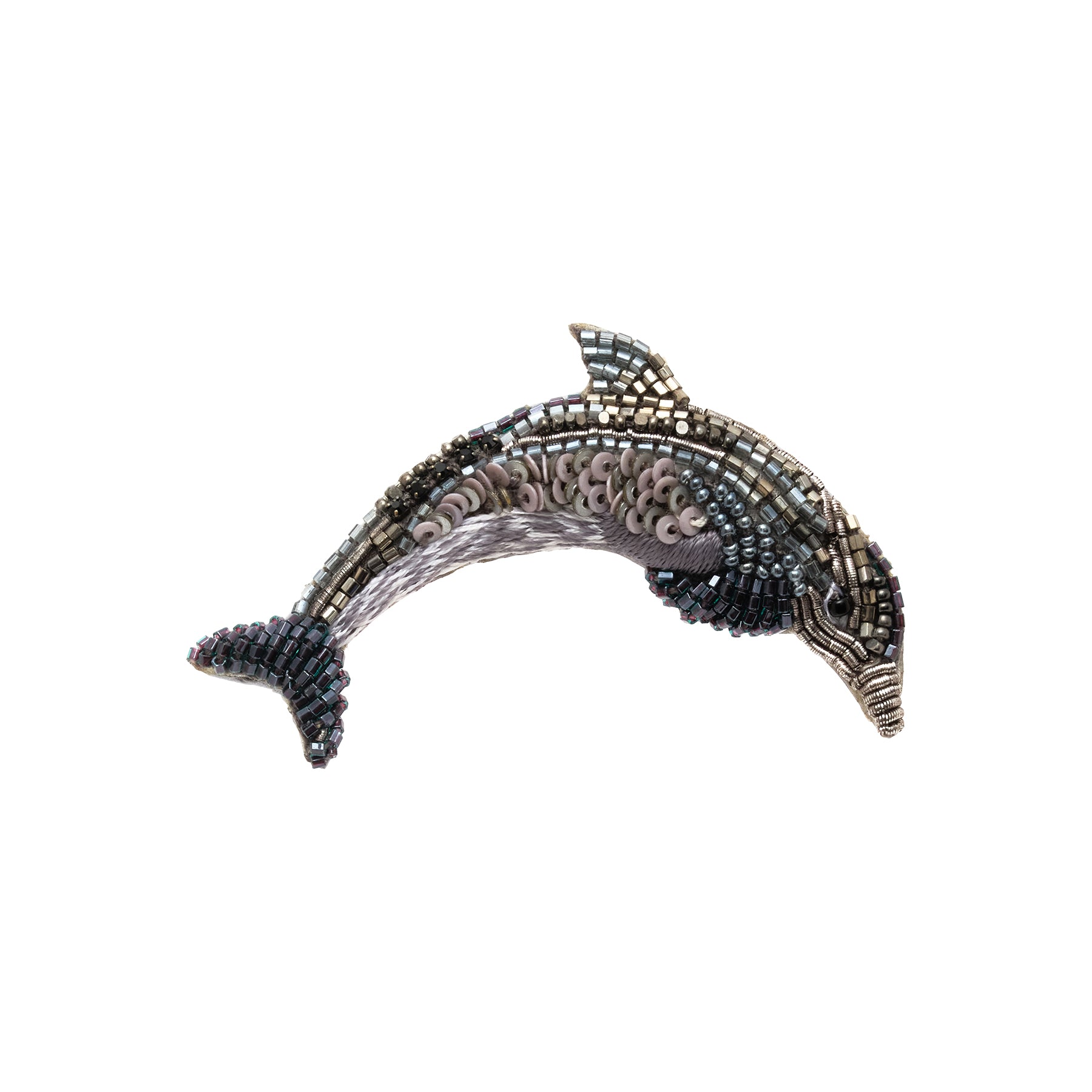 Silver and Grey Beaded Dolphin Brooch on Flat White Background