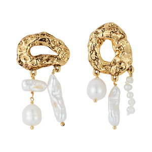 Freshwater Pearl and Hammered Gold Drop Earrings on Flat White Background