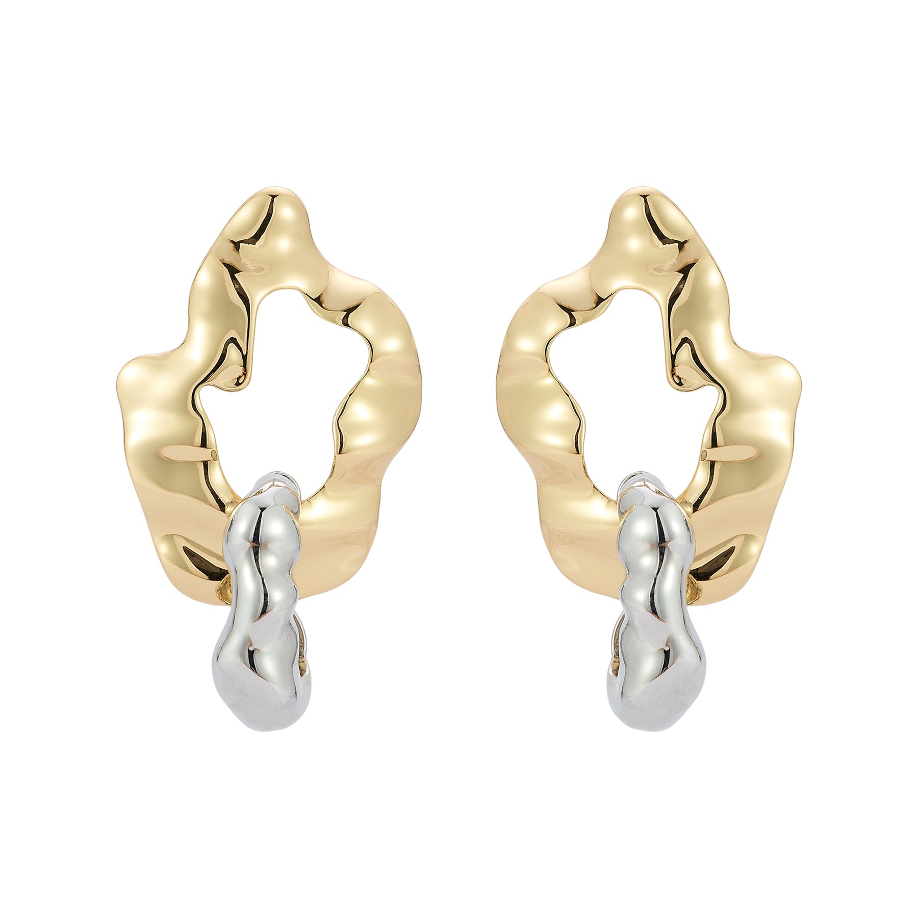 Wavy Gold and Silver Double Drop Earrings on Flat White Background