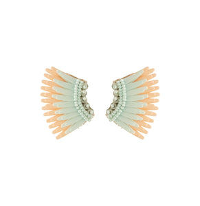 Mint Blue and Tan Sequin and Bead Wing Earrings on Flat White Background