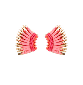 Hot Pink and Metallic Rose Gold Wing Stud Earrings on Flat White Background