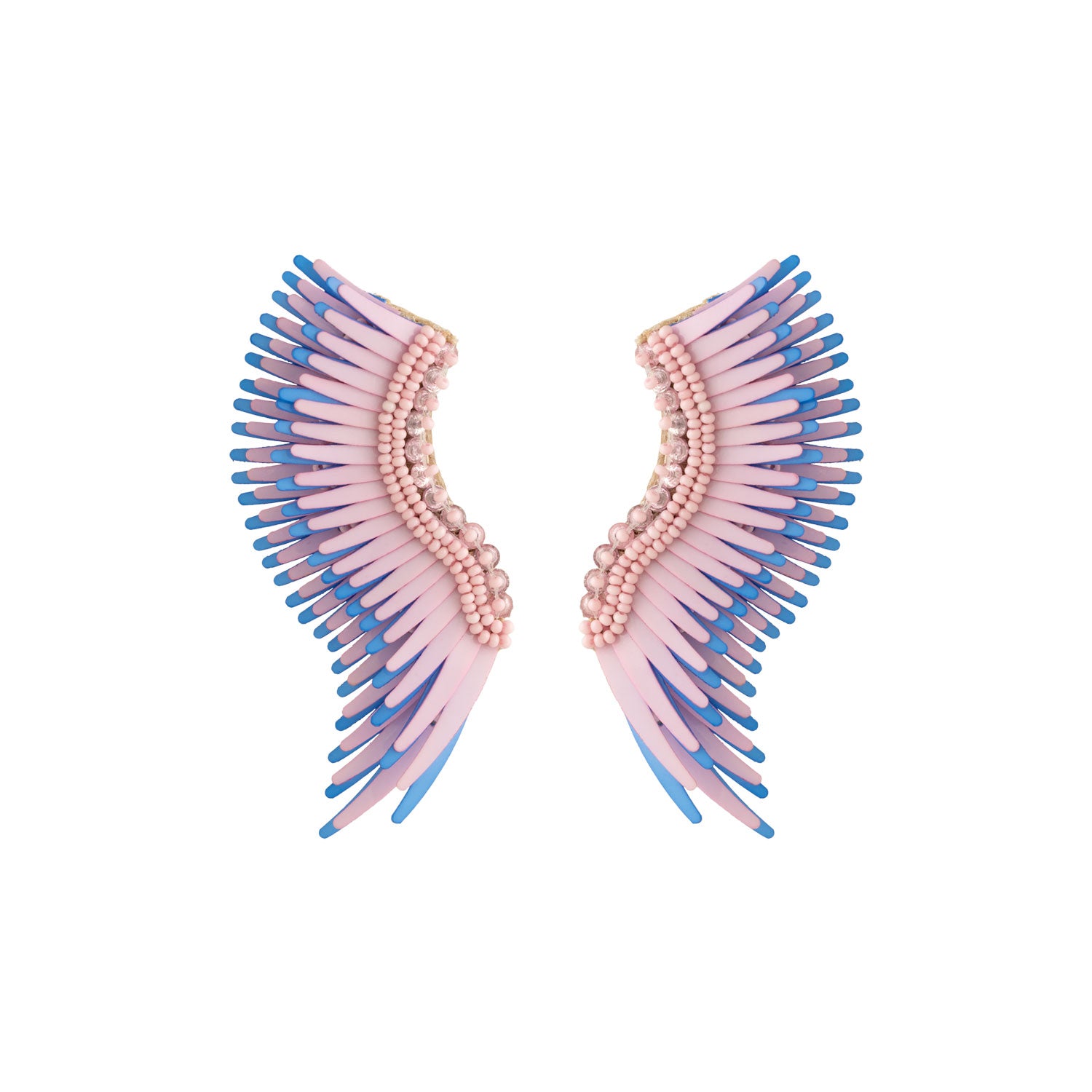 Purple and Blue Sequin and Bead Wing Stud Earrings on Flat White Surface