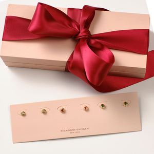 Gold and Enamel Stud Gift Set Staged with Gift Box and Red Ribbon On White