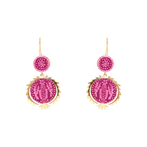 Hot Pink Embroidered Double Drop Earrings on Flat White Background