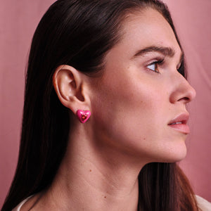 Pink Enamel Heart Stud Earrings with Red Crystal Styled on Model