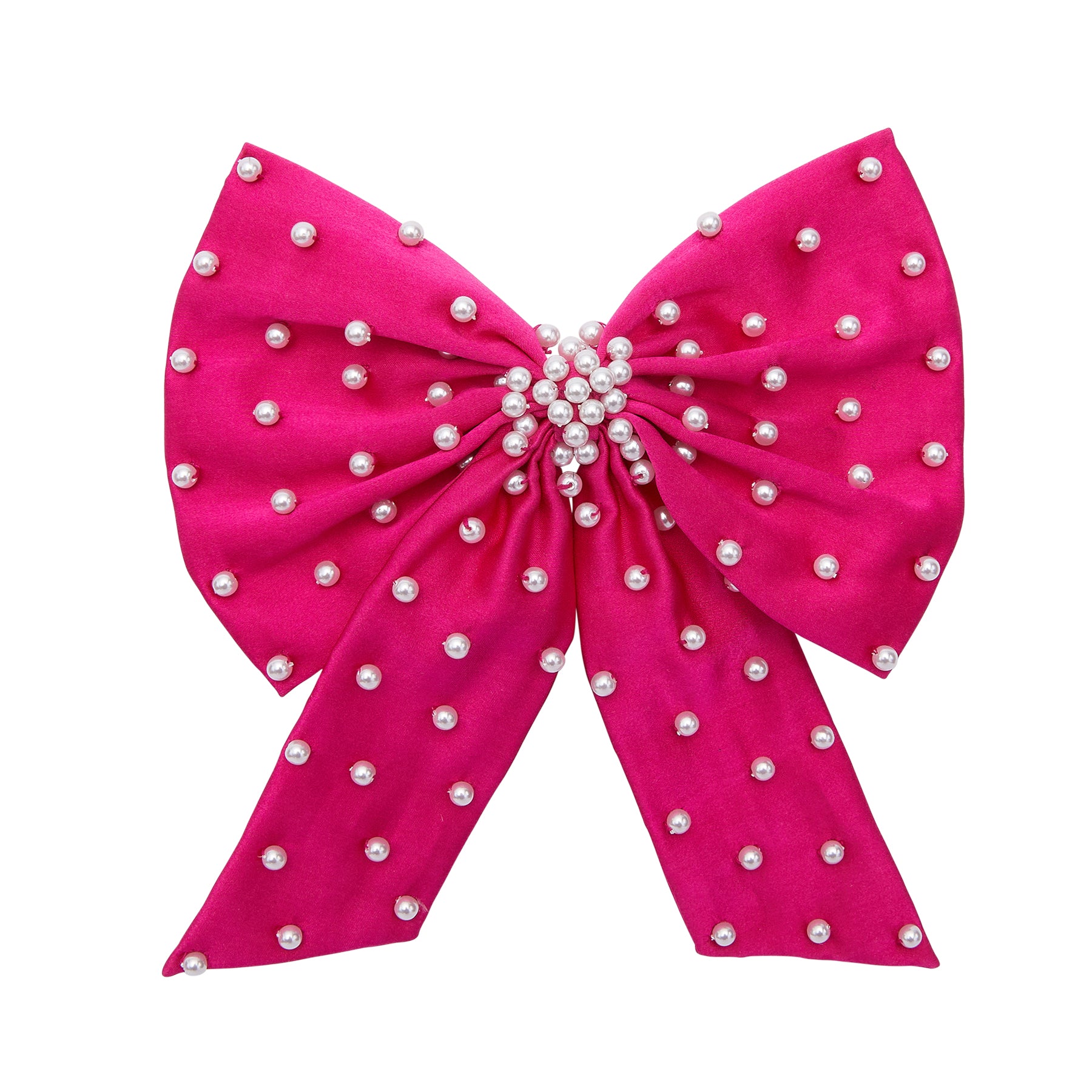 Hot Pink Silk and Pearl Embroidered Hair Bow on Flat White Background