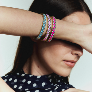 Hot Pink and Blue Enamel and Gold Bangle Bracelet Styled on Model