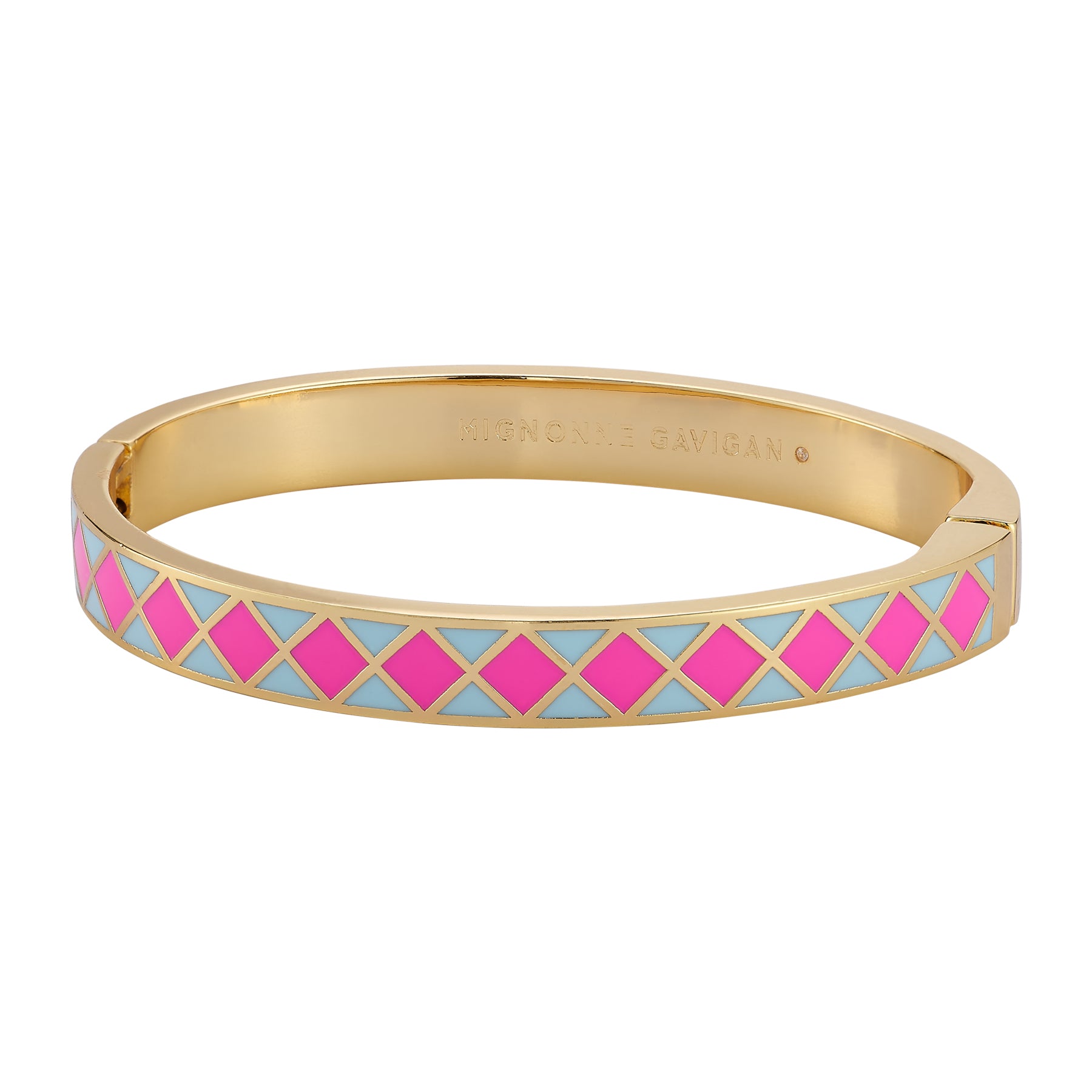 Hot Pink and Blue Enamel and Gold Bangle Bracelet on Flat White Background 
