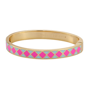 Hot Pink and Blue Enamel and Gold Bangle Bracelet on Flat White Background 