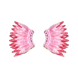 Pink and Hot Pink Raffia Wing Stud Earrings on Flat White Background