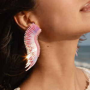 Iridescent Light Pink Sequin and Bead Wing Stud Earrings Close Up on Model