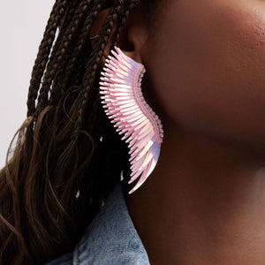 Pink Sequin Wing Earrings Styled on Model