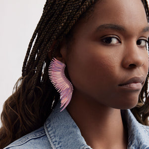 Iridescent Light Pink Sequin and Bead Wing Stud Earrings on Model