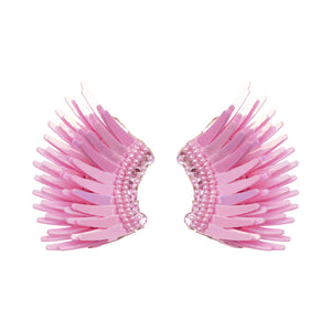 Pink Sequin Wing Earrings on Flat White Background