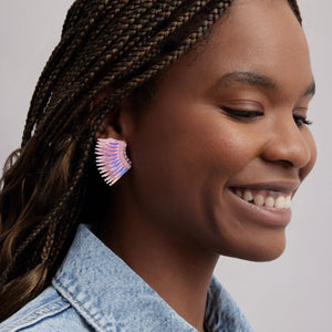 Pink Sequin Wing Earrings Styled on Model