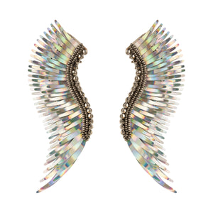 Iridescent Silver Wing Earrings on Flat White Background