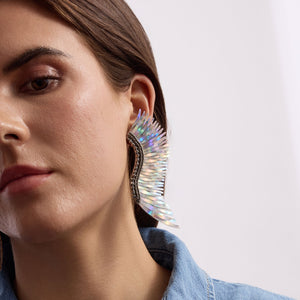 Iridescent Silver Wing Earrings Styled on Model