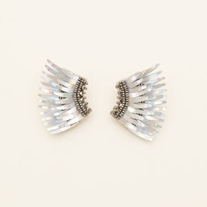 Iridescent Silver Sequin Wing Stud Earrings on Tan Background